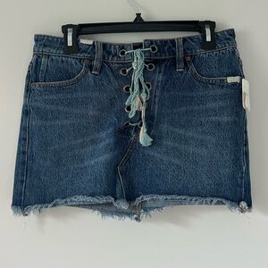 Free People Blue Denim Mini Skirt Lace Up Tie Raw Hem Jean Y2K 90s NWT 27